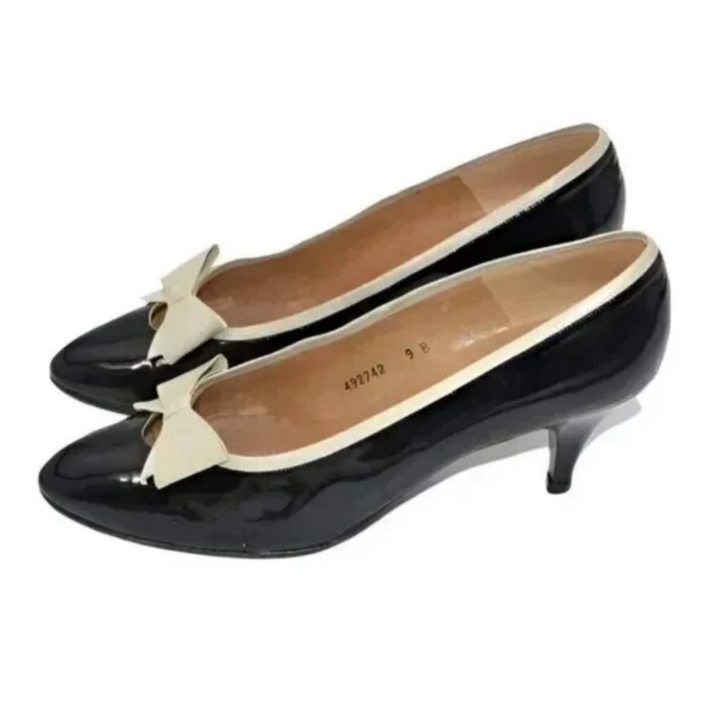 Palizzio Black Spanish Patent Leather Ivory Bow Minimalist Classic Pumps Heels 9 - Picture 7 of 13